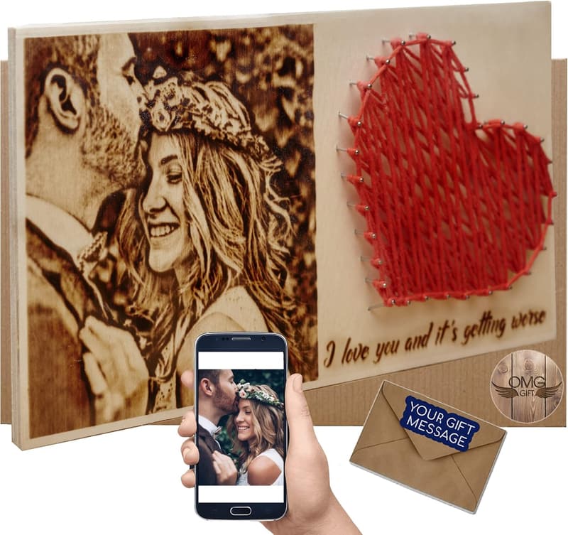 Valentine's Day Personalized Wood Photo with String Art Heart