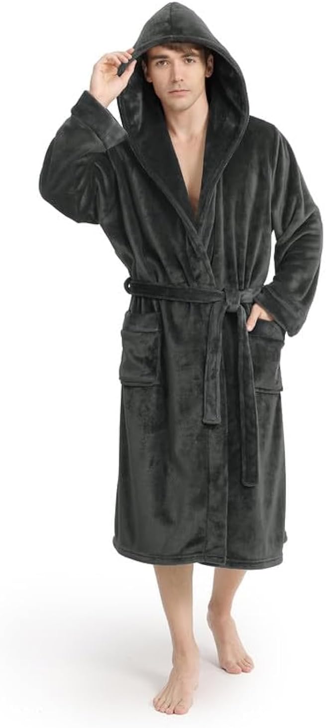 Men's Ultra Cozy Hooded Fleece Bathrobe with Belt & Pockets