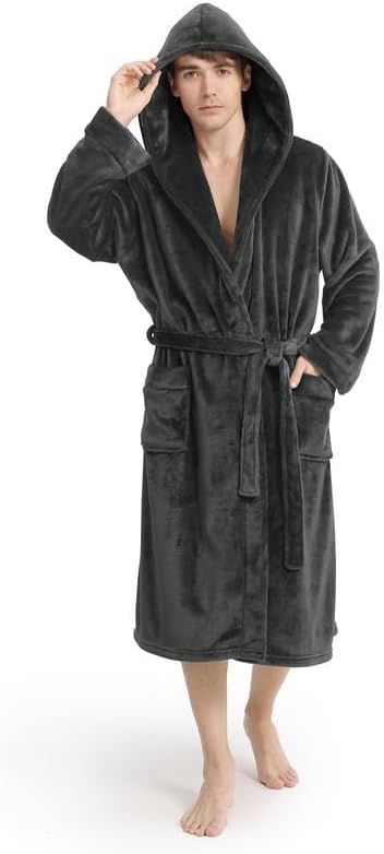 Men's Ultra Cozy Hooded Fleece Bathrobe with Belt & Pockets