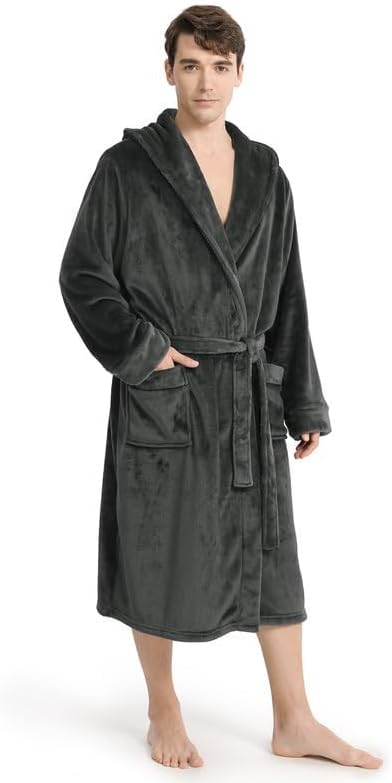 Men's Ultra Cozy Hooded Fleece Bathrobe with Belt & Pockets