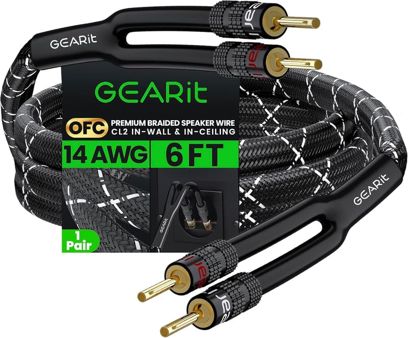 14AWG Braided Speaker Wire Cable with Dual Banana Plugs (6ft)