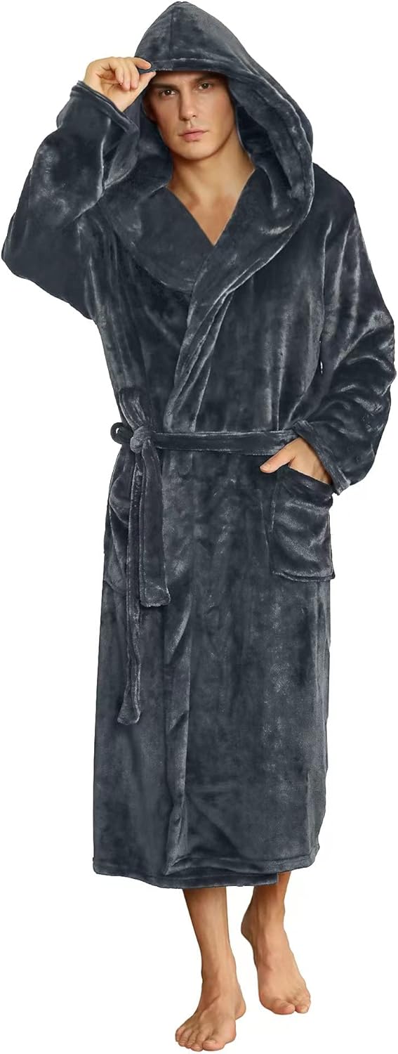 Men's Plush Fleece Hooded Bathrobe