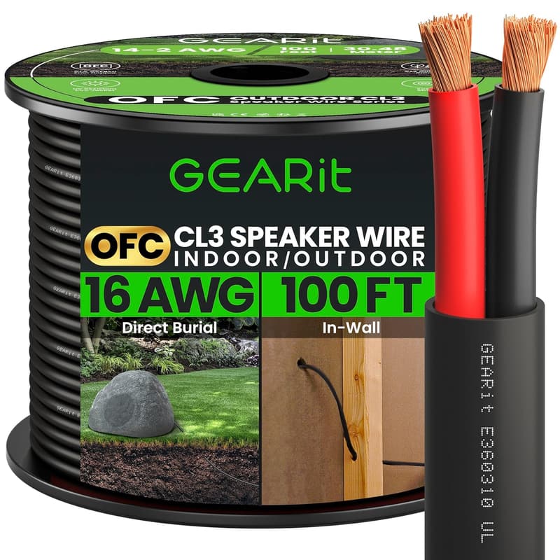 Outdoor 100ft 16AWG Speaker Wire - OFC Copper, CL2/CL3 Rated