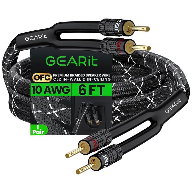 CL2 Rated 10AWG Speaker Cable with Gold-Plated Tips - 6ft