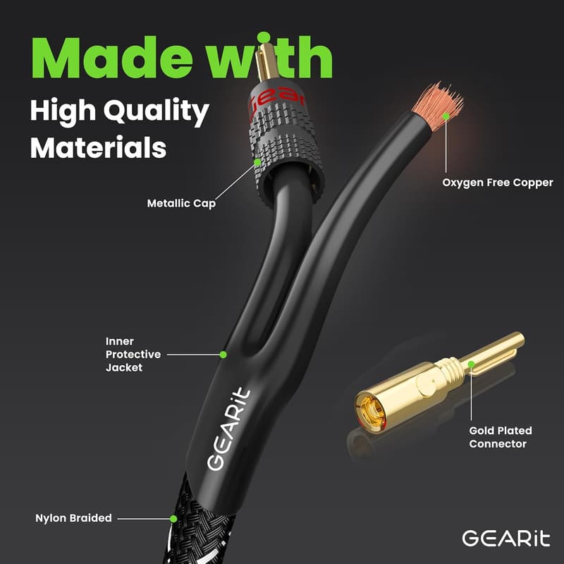 CL2 Rated 10AWG Speaker Cable with Gold-Plated Tips - 6ft