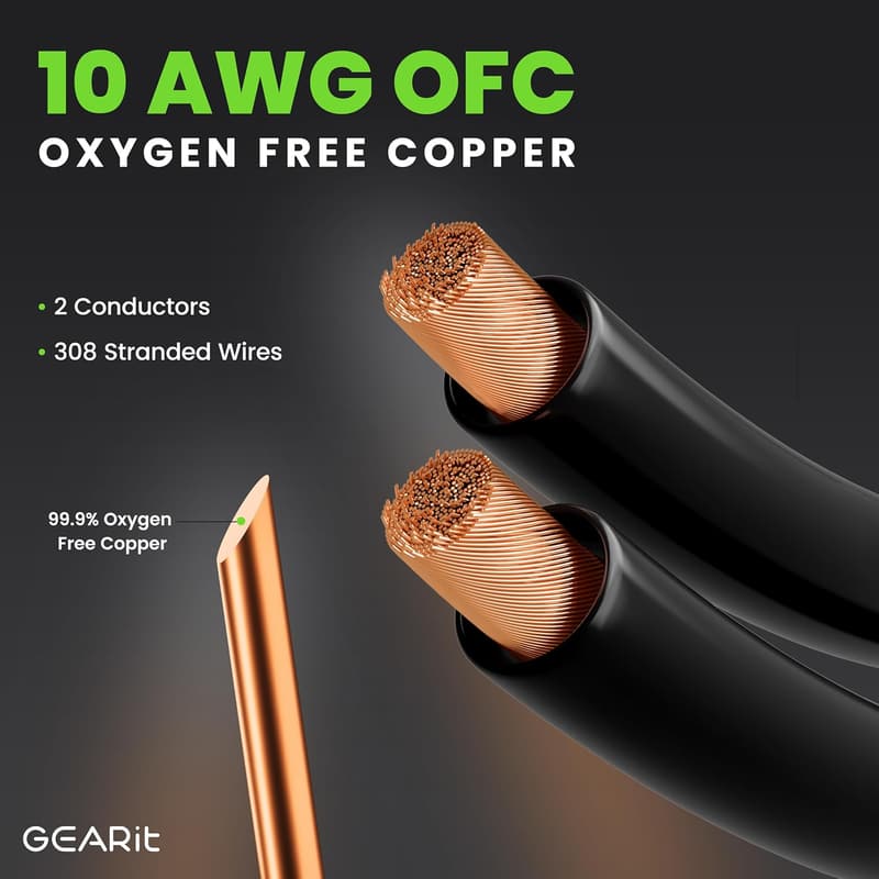 CL2 Rated 10AWG Speaker Cable with Gold-Plated Tips - 6ft