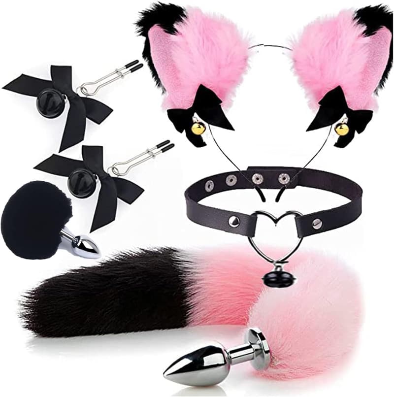 Sex Fox Tail Anal Plug Set with Cat Ears & Necklace for Couples