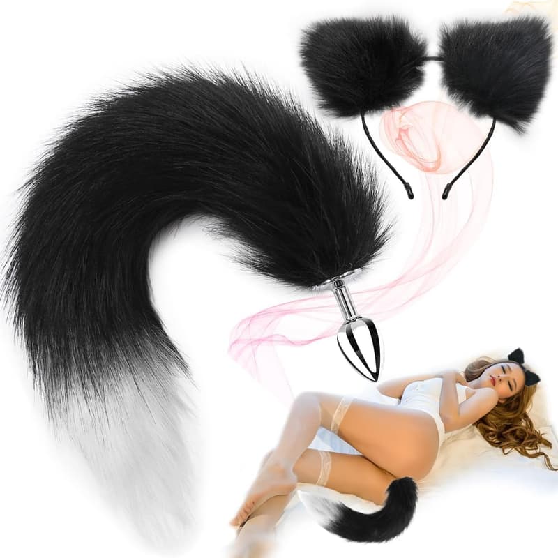 Faux Silver Fox Tail Stainless Steel Butt Plug for Cosplay