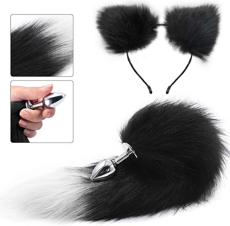 Faux Silver Fox Tail Stainless Steel Butt Plug for Cosplay