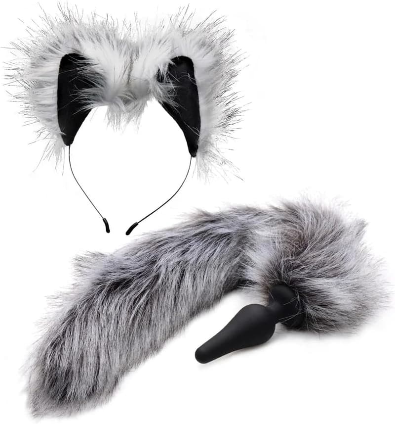 Grey Wolf Tail Anal Plug and Ears Set for Costume Play