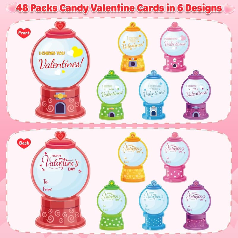 Kids' Gumball Machine Valentine Cards Set - 48 Pack