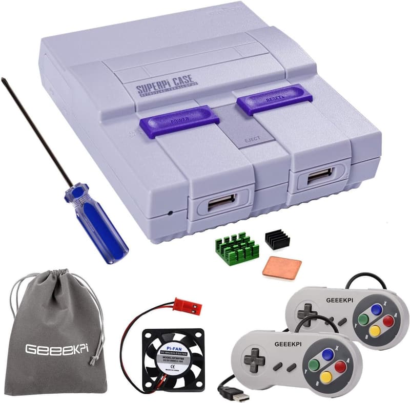 Raspberry Pi SNES Case with USB Controllers and Heatsink Fan