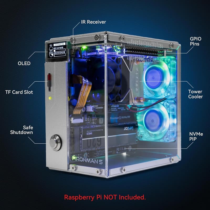 Raspberry Pi 5 Mini PC Case with Dual RGB Fans & OLED Display