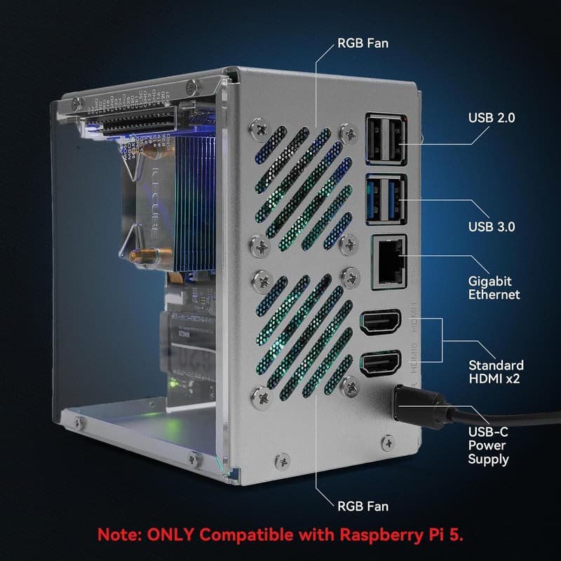 Raspberry Pi 5 Mini PC Case with Dual RGB Fans & OLED Display