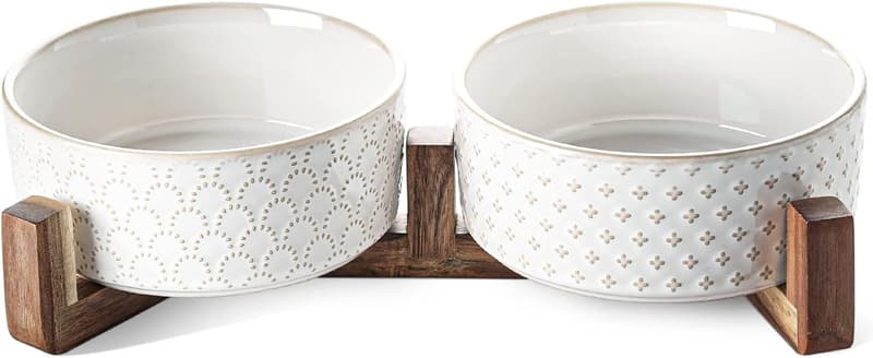 Ceramic Dog Bowls Set with Acacia Stand - Non-Slip Elevated 3-Cup