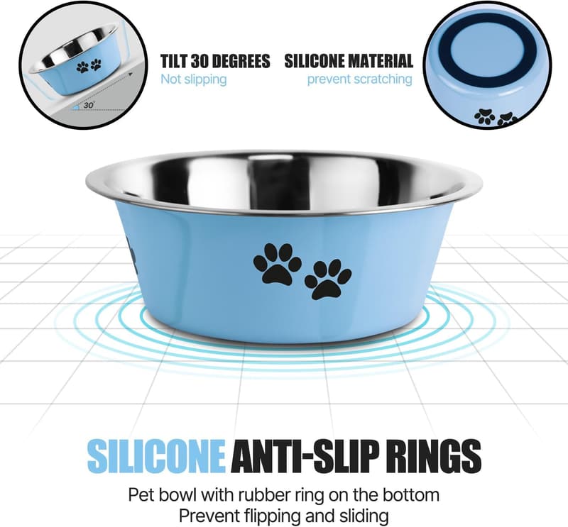 Non-Slip Stainless Steel Dog Bowls for All Breeds (Blue, 29 OZ)