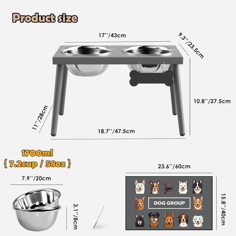 Elevated Dog Bowl Stand with 58oz Stainless Steel Bowls - Gray
