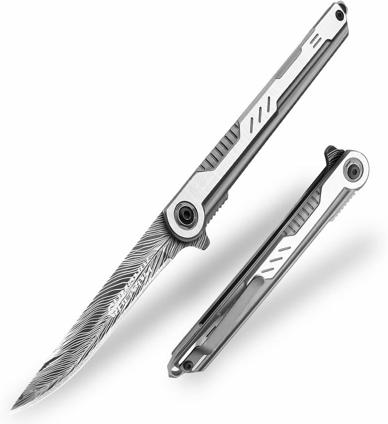 EDC Folding Knife with Feather Pattern Blade – Great Gift for All