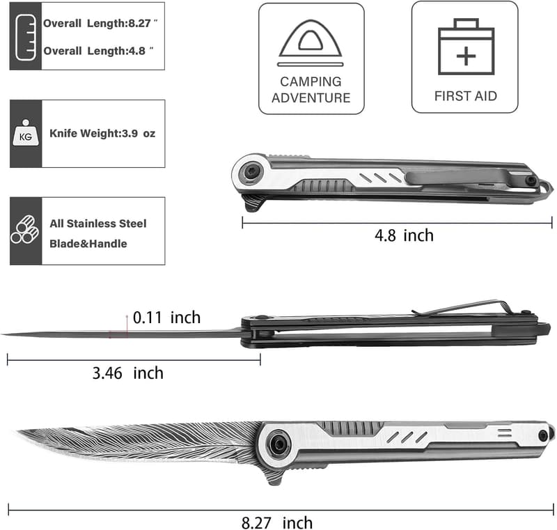 EDC Folding Knife with Feather Pattern Blade – Great Gift for All
