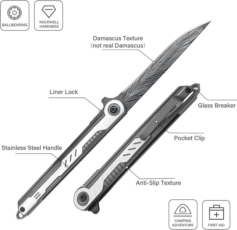 EDC Folding Knife with Feather Pattern Blade – Great Gift for All