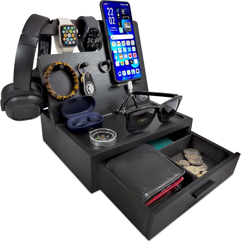 Solid Wood Nightstand Organizer - Black Valet Tray for Men