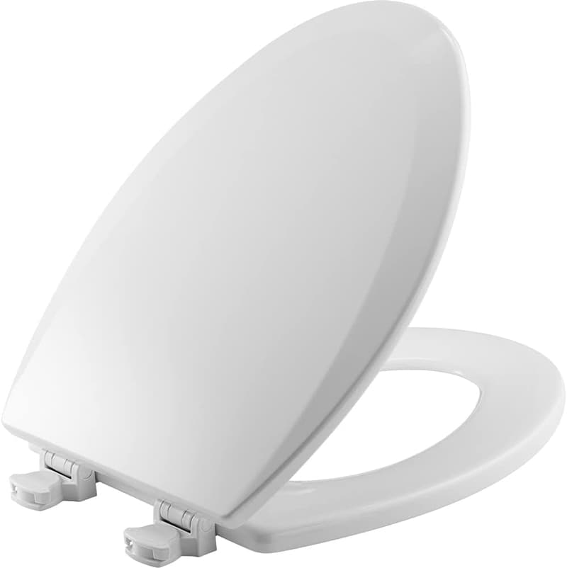 Elongated White Wood Toilet Seat with Easy Clean Hinges