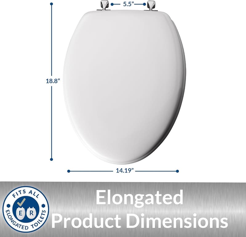 Elongated White Toilet Seat with Chrome Hinges