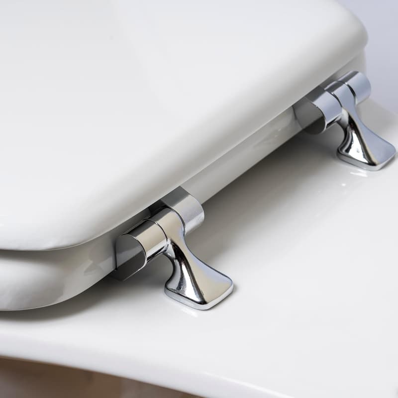 Elongated White Toilet Seat with Chrome Hinges