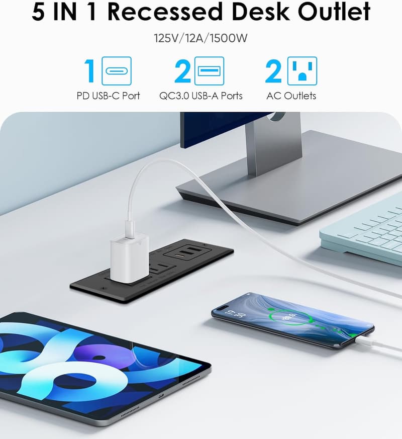 Recessed Power Strip with USB-C Fast Charger for Office Furniture
