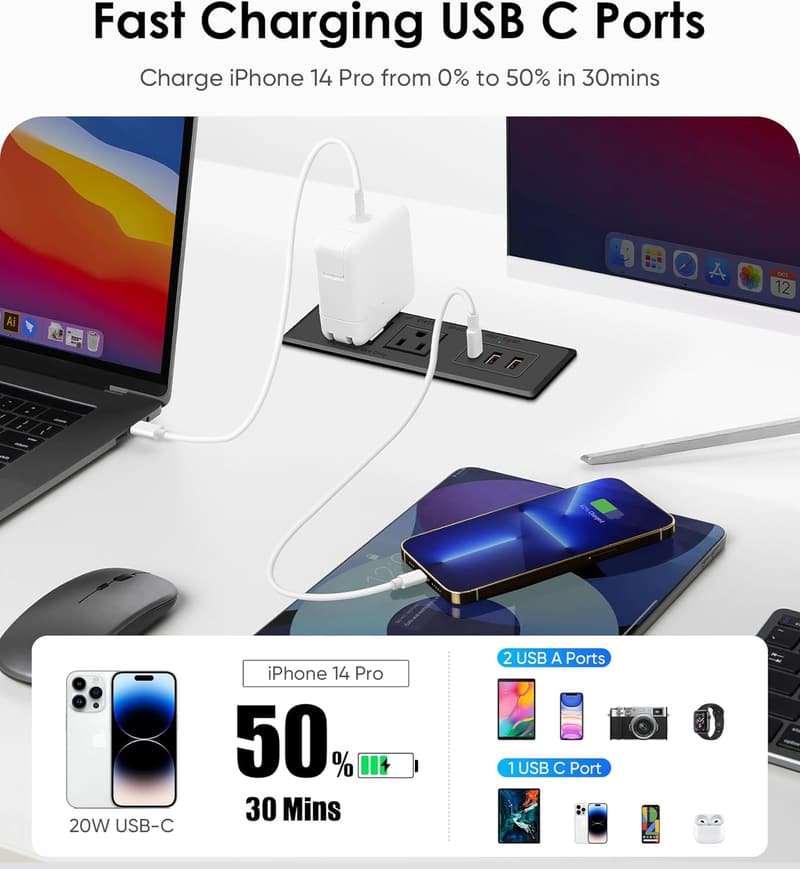 Recessed Power Strip with USB-C Fast Charger for Office Furniture