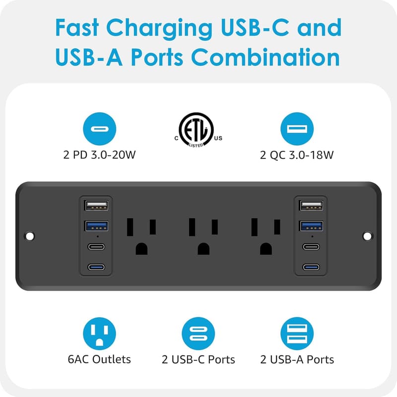 14-in-1 Recessed Power Strip with Surge Protection and USB Ports