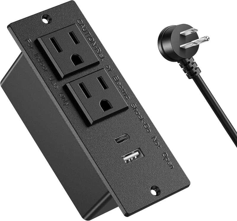 Flush Mount Power Strip with 20W USB-C, 2 Outlets, 2 USB Ports
