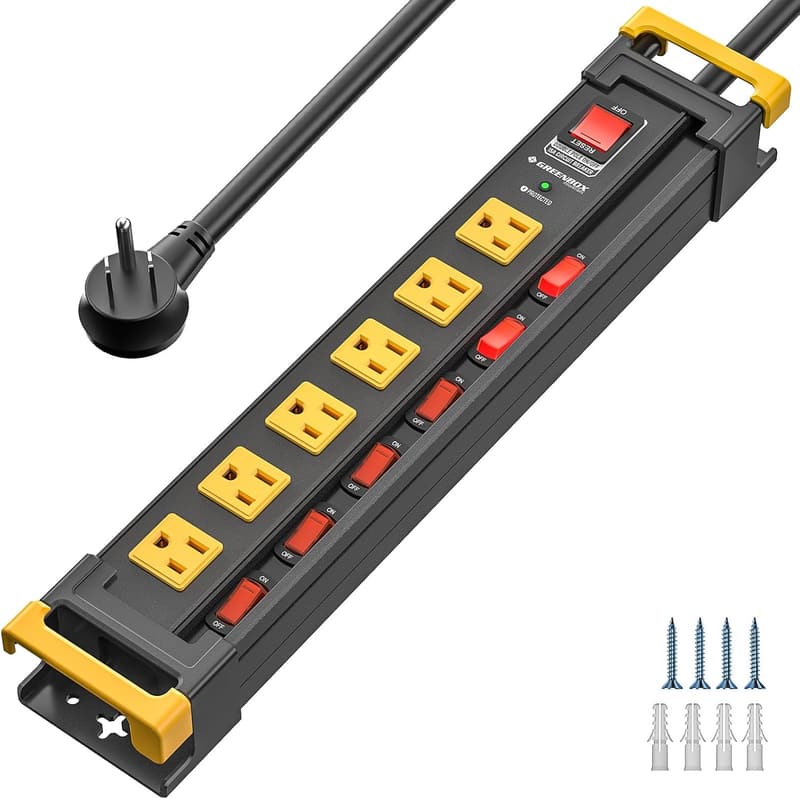 Heavy Duty 6-Outlet Power Strip with Surge Protection & Switches