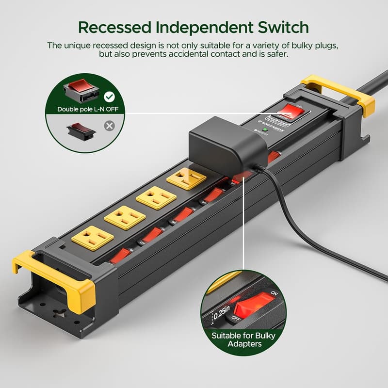 Heavy Duty 6-Outlet Power Strip with Surge Protection & Switches
