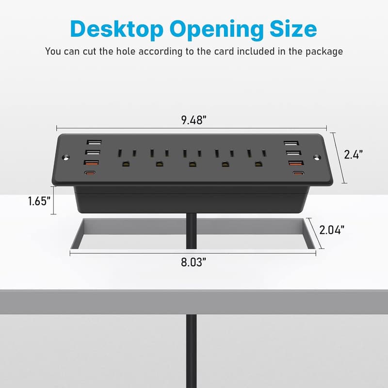 Recessed Power Strip Surge Protector with USB Ports and 6FT Cord
