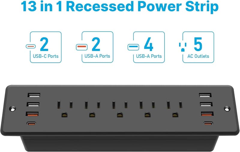 Recessed Power Strip Surge Protector with USB Ports and 6FT Cord