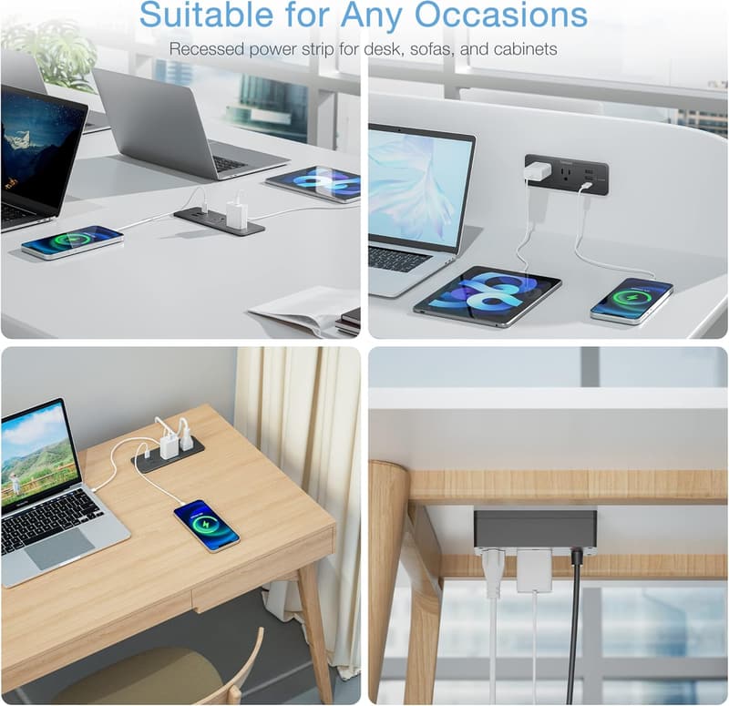 TESSAN 5ft Recessed Power Strip with 4 Outlets & 3 USB Ports