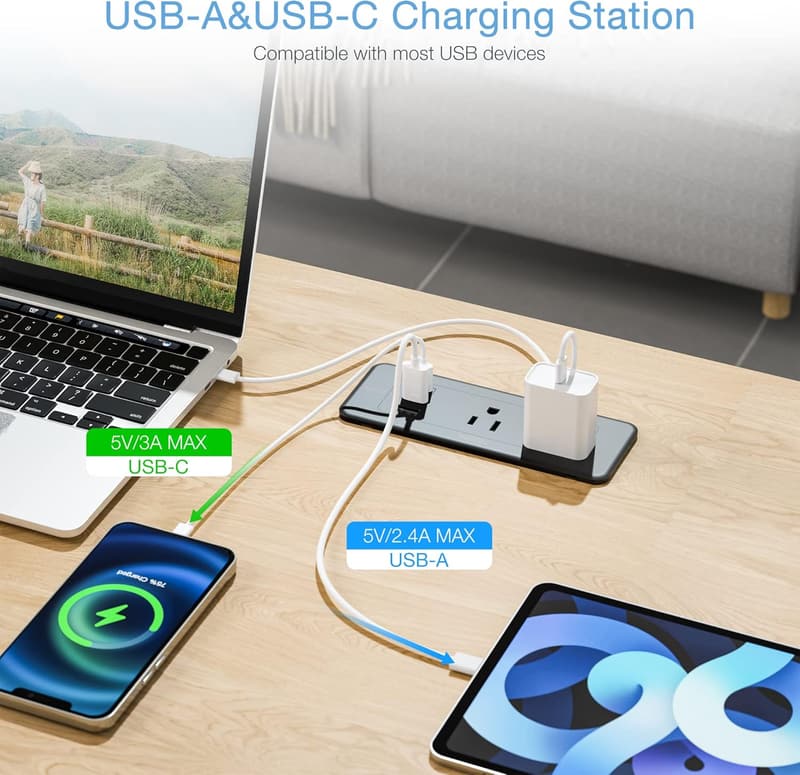 TESSAN 5ft Recessed Power Strip with 4 Outlets & 3 USB Ports