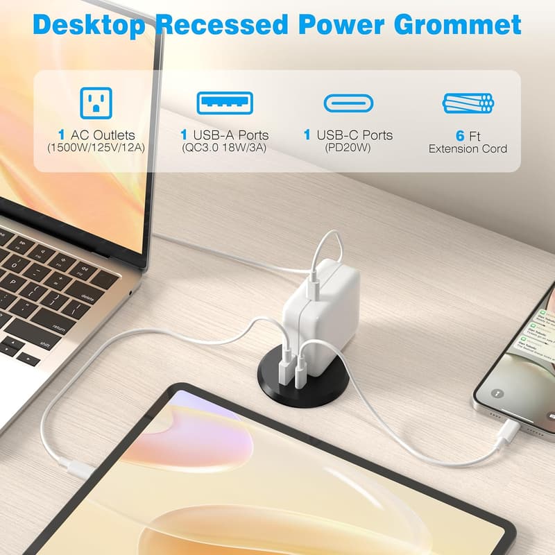 Recessed Power Outlet with 20W USB-C Fast Charging for Desks