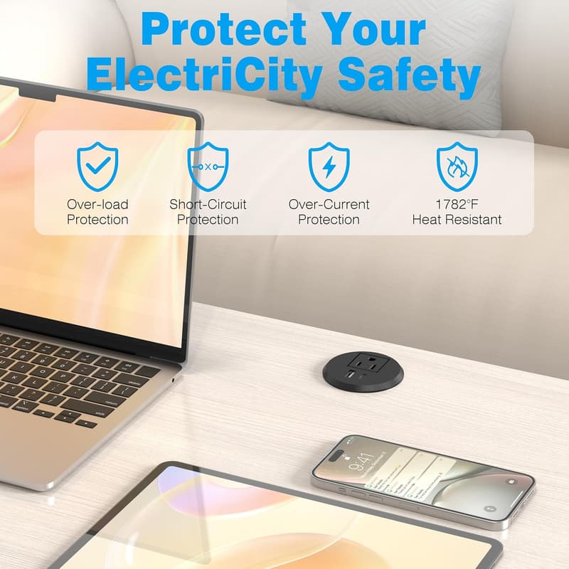 Recessed Power Outlet with 20W USB-C Fast Charging for Desks