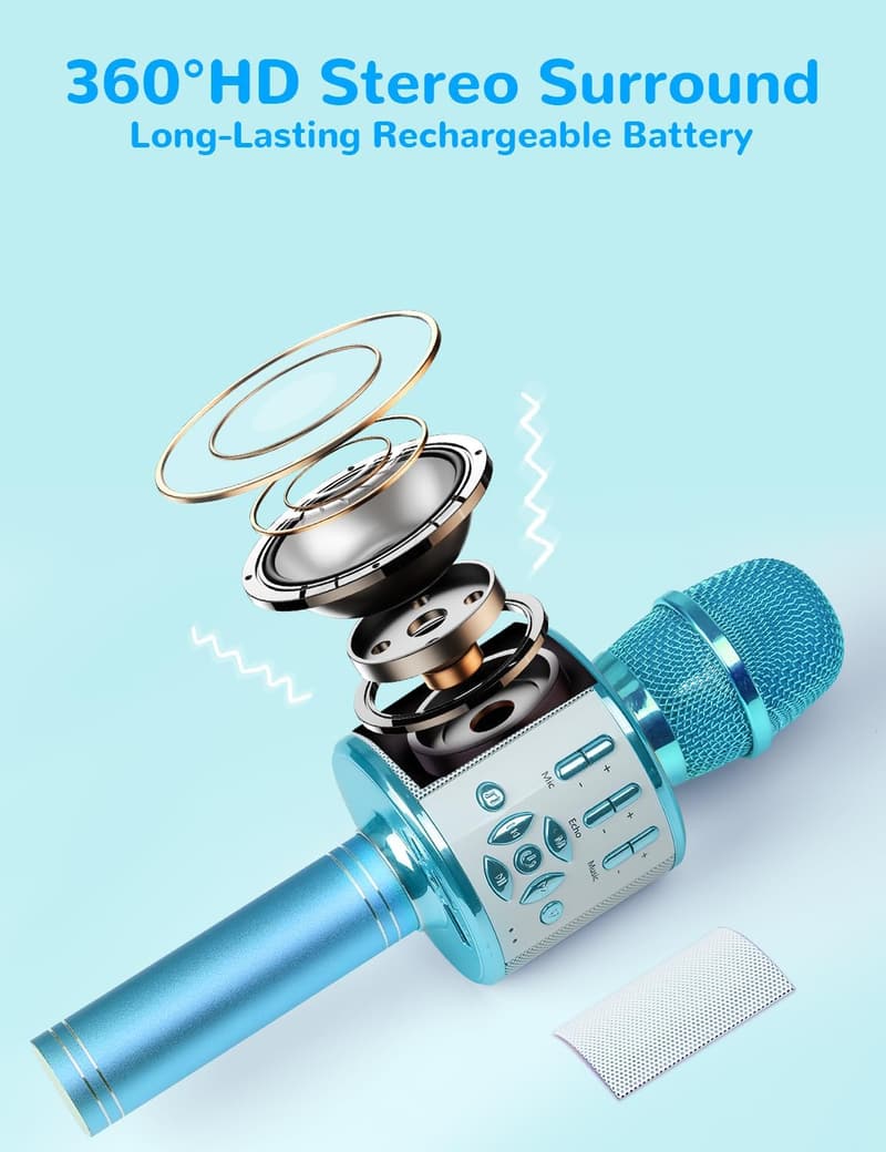 Bluetooth Karaoke Microphone with LED Light for Kids' Birthday