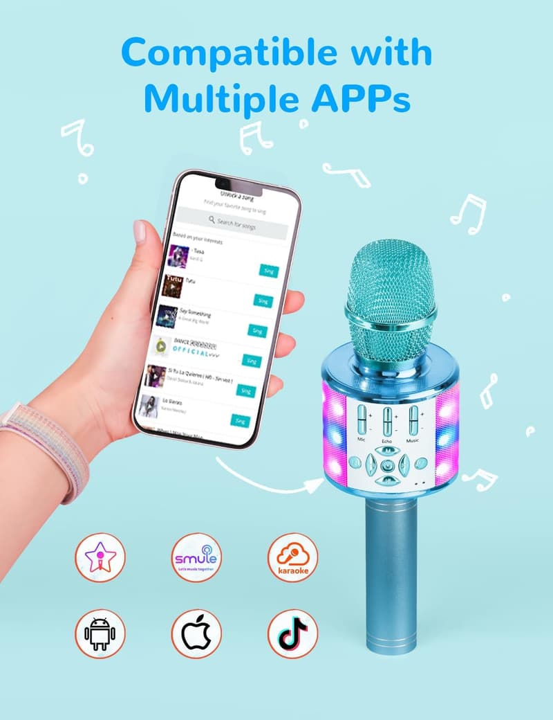 Bluetooth Karaoke Microphone with LED Light for Kids' Birthday