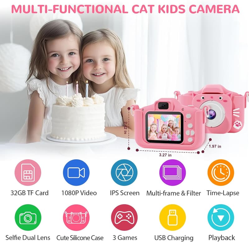 Kids Camera with Silicone Sleeve - 1080p for Ages 3-7