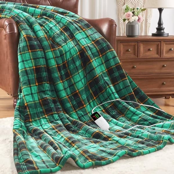 Christmas Heated Plaid Sherpa Blanket, Twin Size, 10 Heat Levels