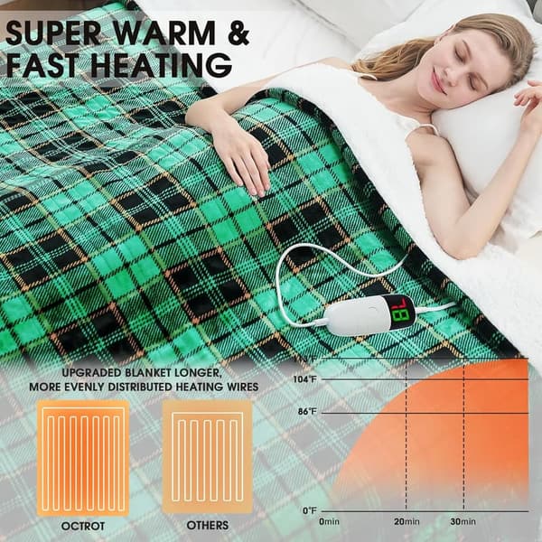 Christmas Heated Plaid Sherpa Blanket, Twin Size, 10 Heat Levels