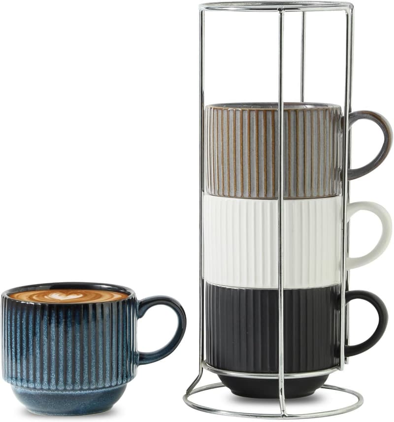 Colorful Stackable Coffee Cups Set of 4 - 15 oz Porcelain Mugs