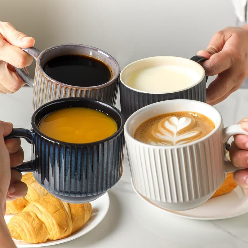 Colorful Stackable Coffee Cups Set of 4 - 15 oz Porcelain Mugs