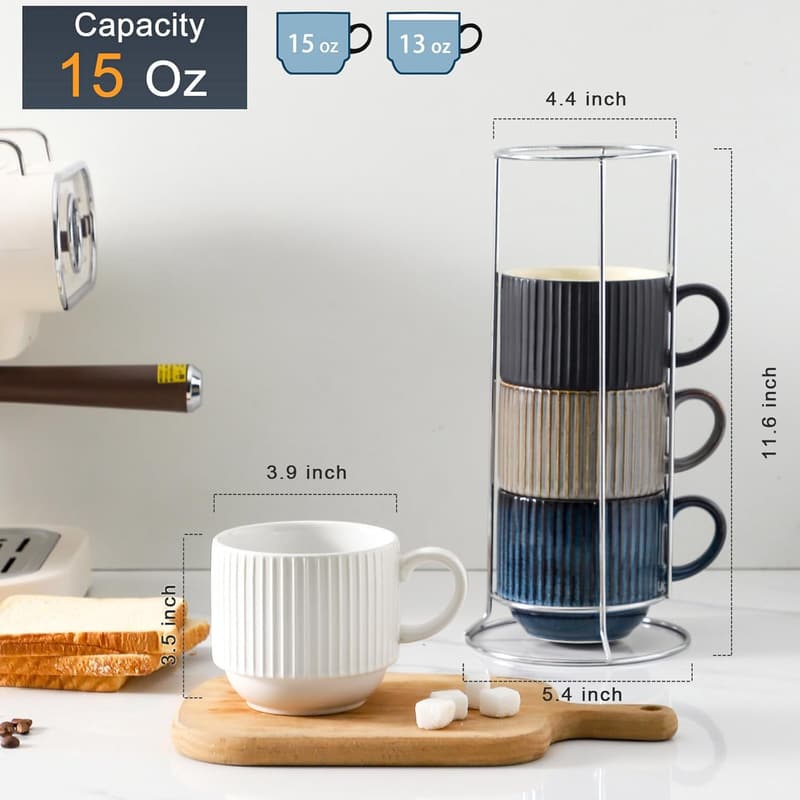 Colorful Stackable Coffee Cups Set of 4 - 15 oz Porcelain Mugs