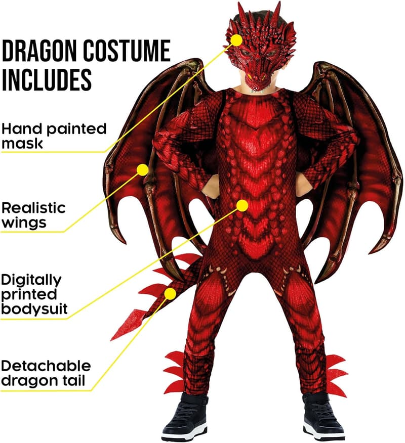Kids' Red Dragon Costume with Wings for Parties and Halloween