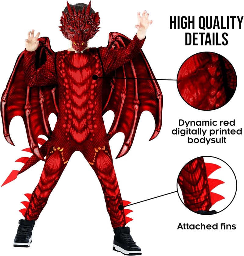 Kids' Red Dragon Costume with Wings for Parties and Halloween